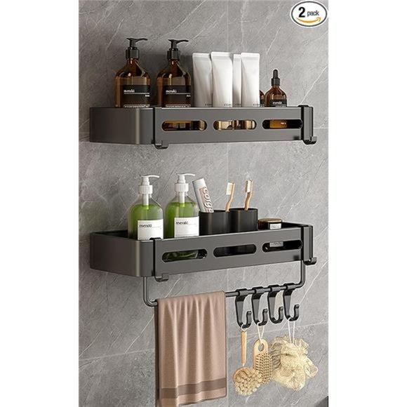 Black Shower Caddy Shelf Organizer, Bathroom Organizers, 2 Pack with 8 hooks - Picture 2 of 8